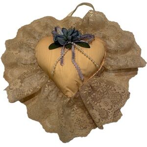 Heart Pillow Peach Shabby Chic Lace Ring Bearer Wedding Cottage Core Victorian